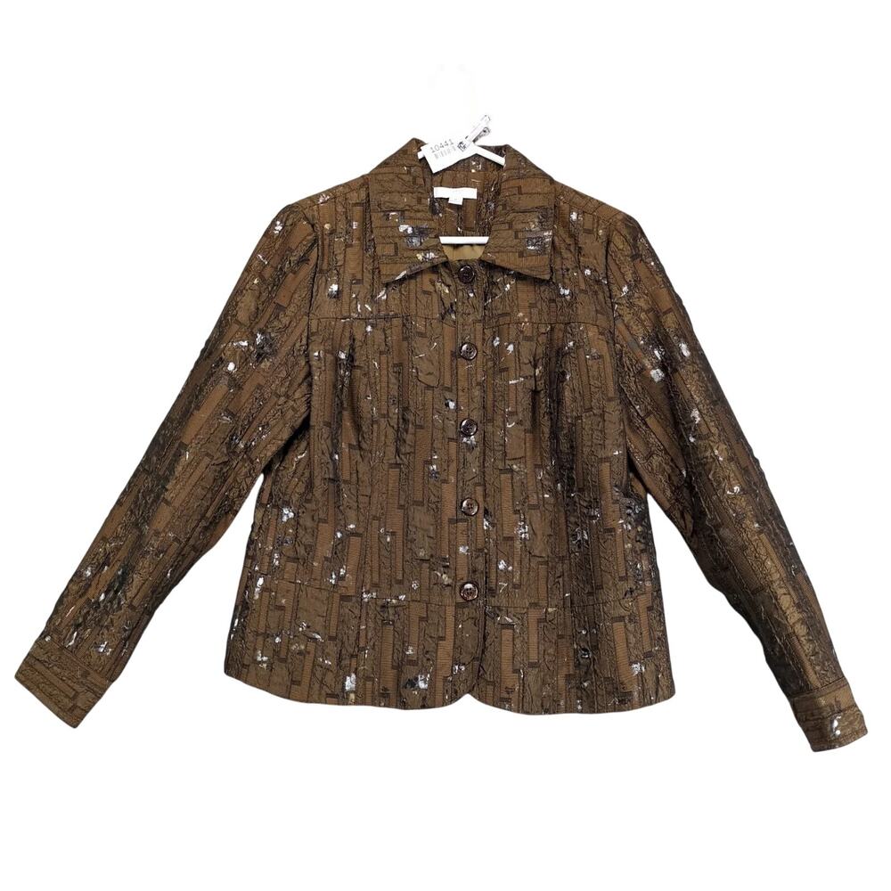 Erin Jacket Womens M Brown Textured Metallic Button Collared Lined Statement Art
